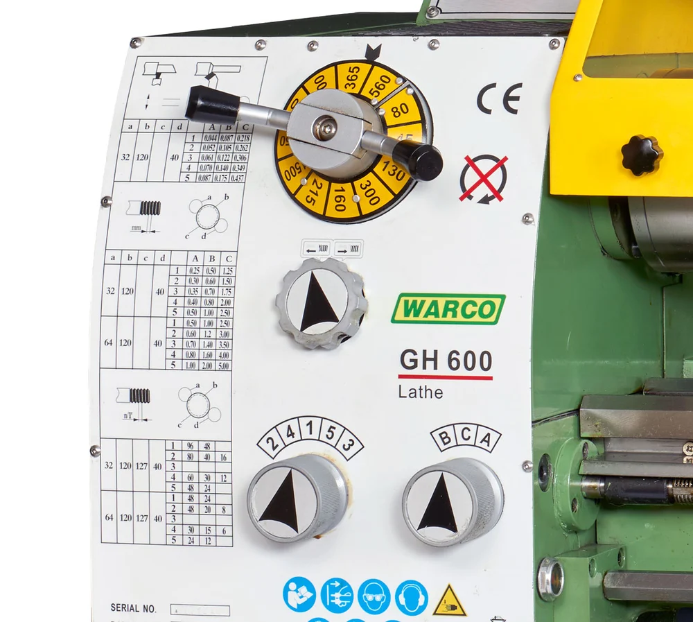 Warco GH 600 - DRO, hrotový soustruh s převodovkou, digitálním odměřování 2-osy a podstavcem, 280 kg