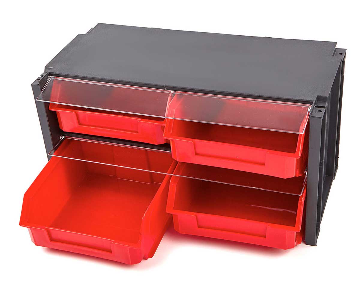 Plastový úložný kontejner / box se 4 zásuvkami a plexi krytem proti prachu