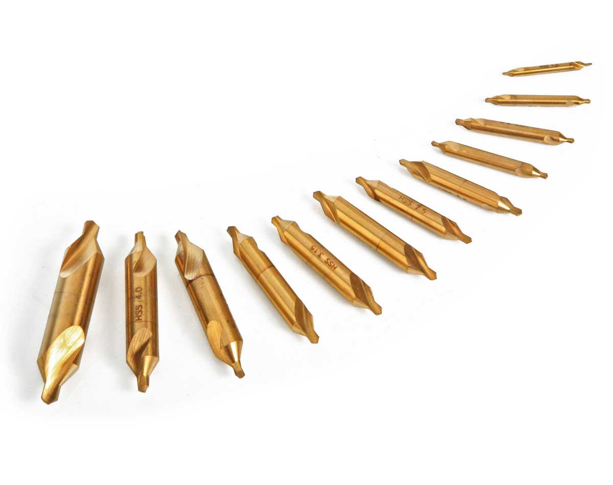 Středící vrtáky (navrtáváky) pro soustruh, HSS - TiN,  1 - 5 mm, sada 12 dílů