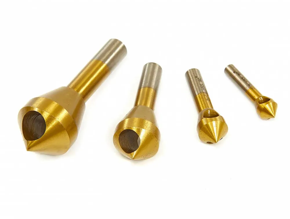 Záhlubníky-odjehlovače 2 - 20 mm, sada 4 díly, HSS-TiN, s příčným otvorem, úhel 90°