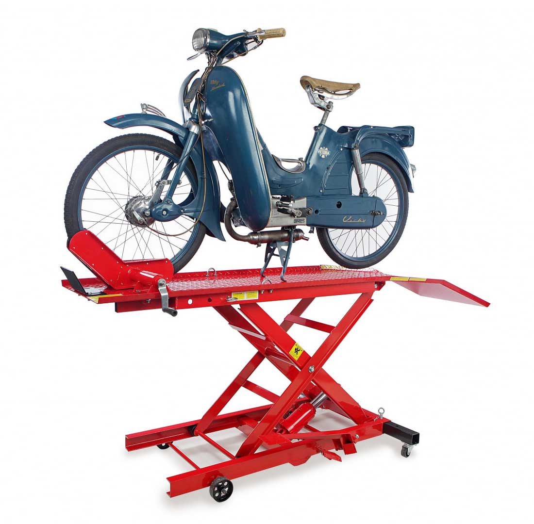 Hydraulický motocyklový zvedák 100, zvednutí až 360 kg, hmotnost 100 kg, červený