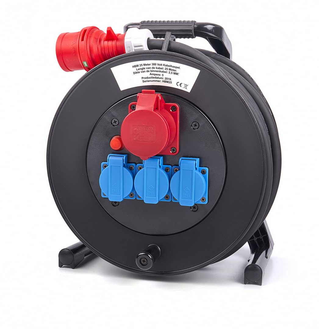 3f neoprénový prodlužovací kabel s cívkou a zásuvkami, vstup 380 V,  výstup 380V a 230V,  5 x 2.5 mm, délka 25 m