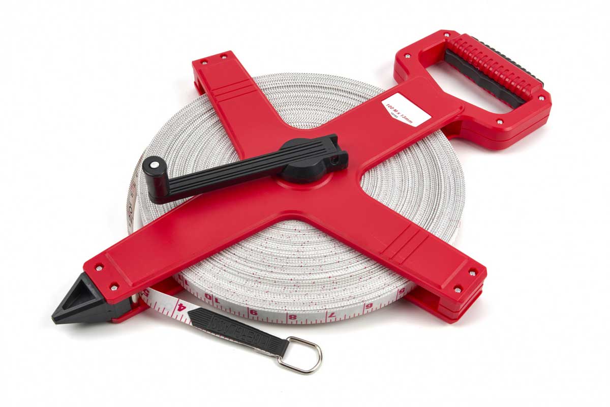 Svinovací měřicí pásmo vyztužené skleněnými vlákny, 100 m x 13 mm, svinovací metr, vhodné pro geodety