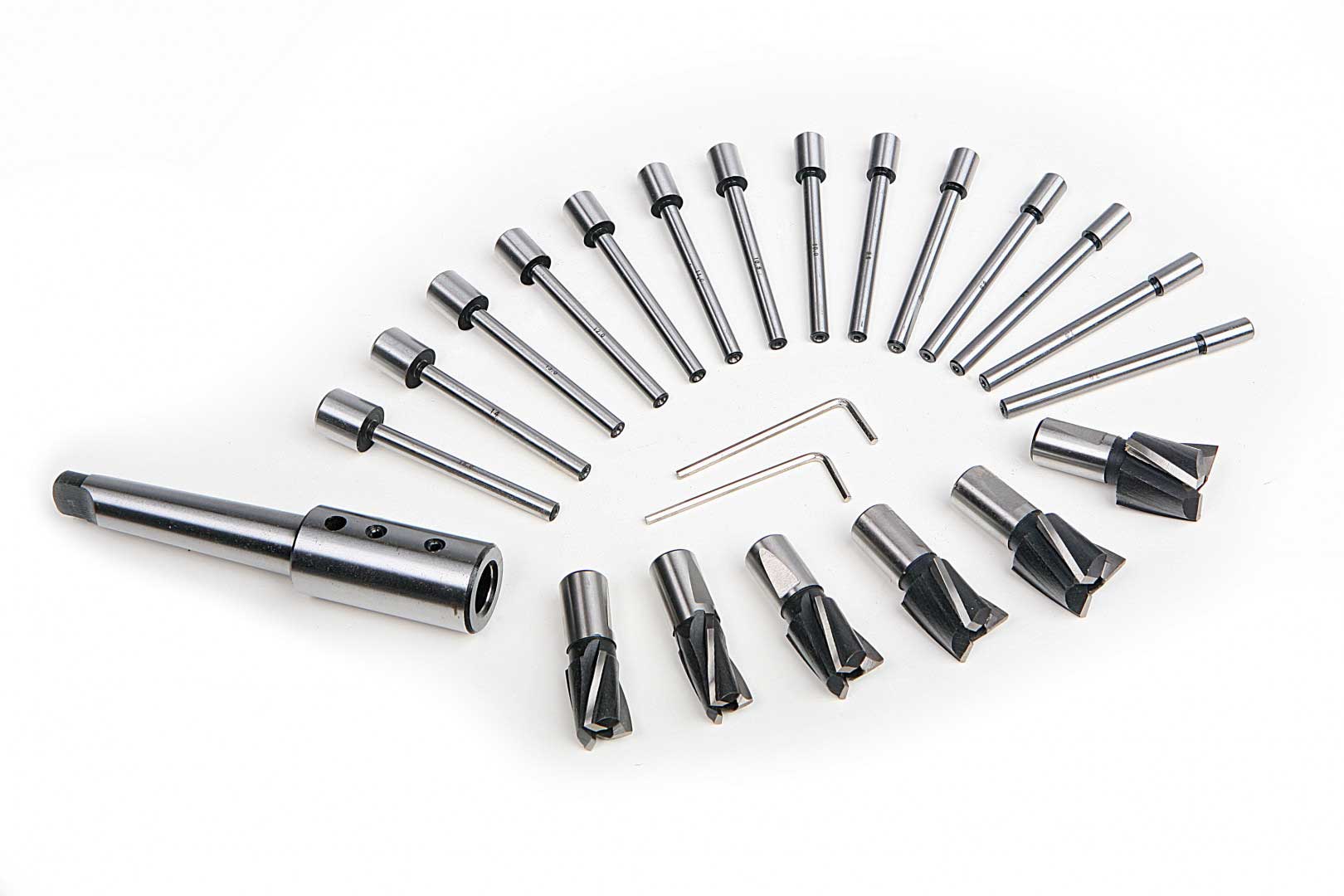 Velká sada HSS-M2 záhlubníků pro hlavy šroubů, s unašečem pro kužel MK2
