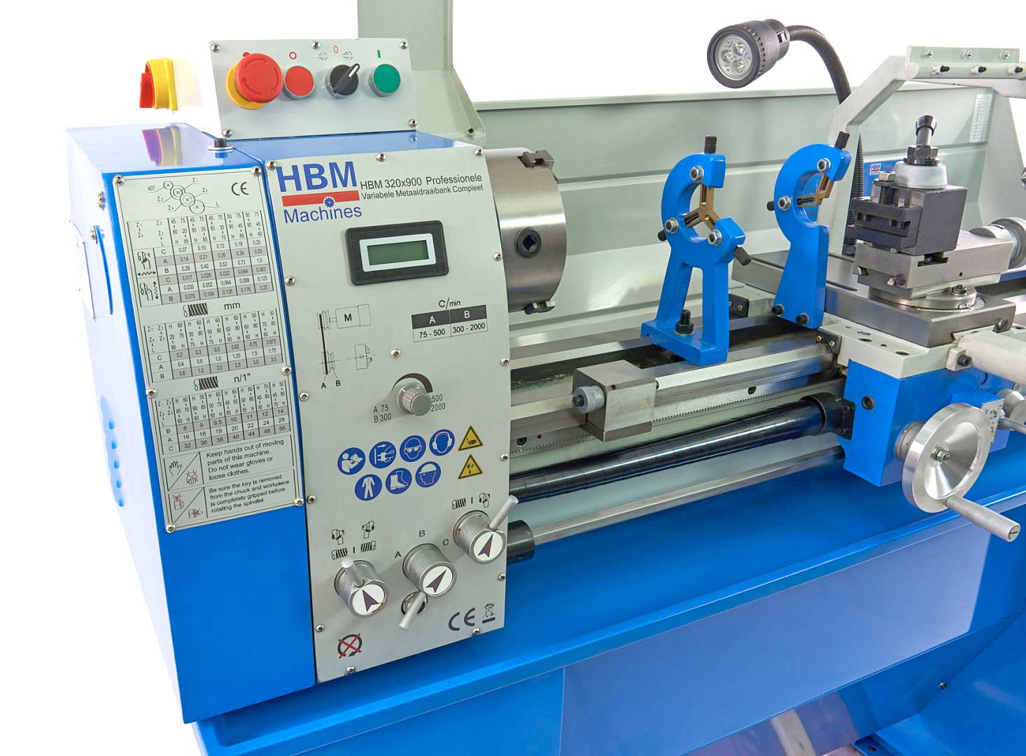 HBM 320V Norton, hrotový soustruh na kov s podstavcem, vario otáčky řízené invertorem, převodovka posuvů, plně vybavený, 1.5 kW, 1f