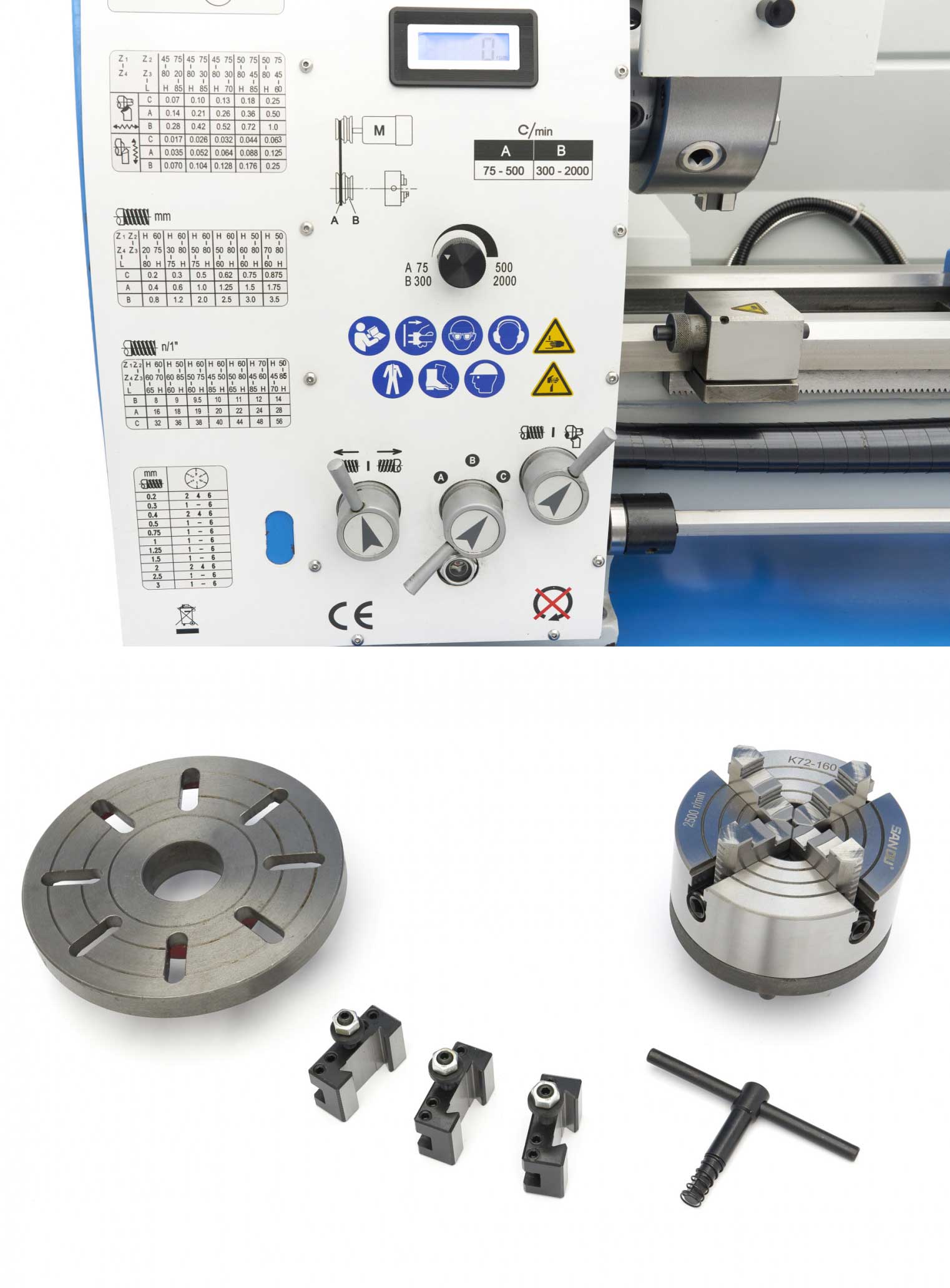 HBM 320V Norton DRO, soustruh na kov s podstavcem, vario otáčky řízené invertorem, převodovka posuvů, optické digitální odměřování s LCD, plně vybavený, 1.5 kW