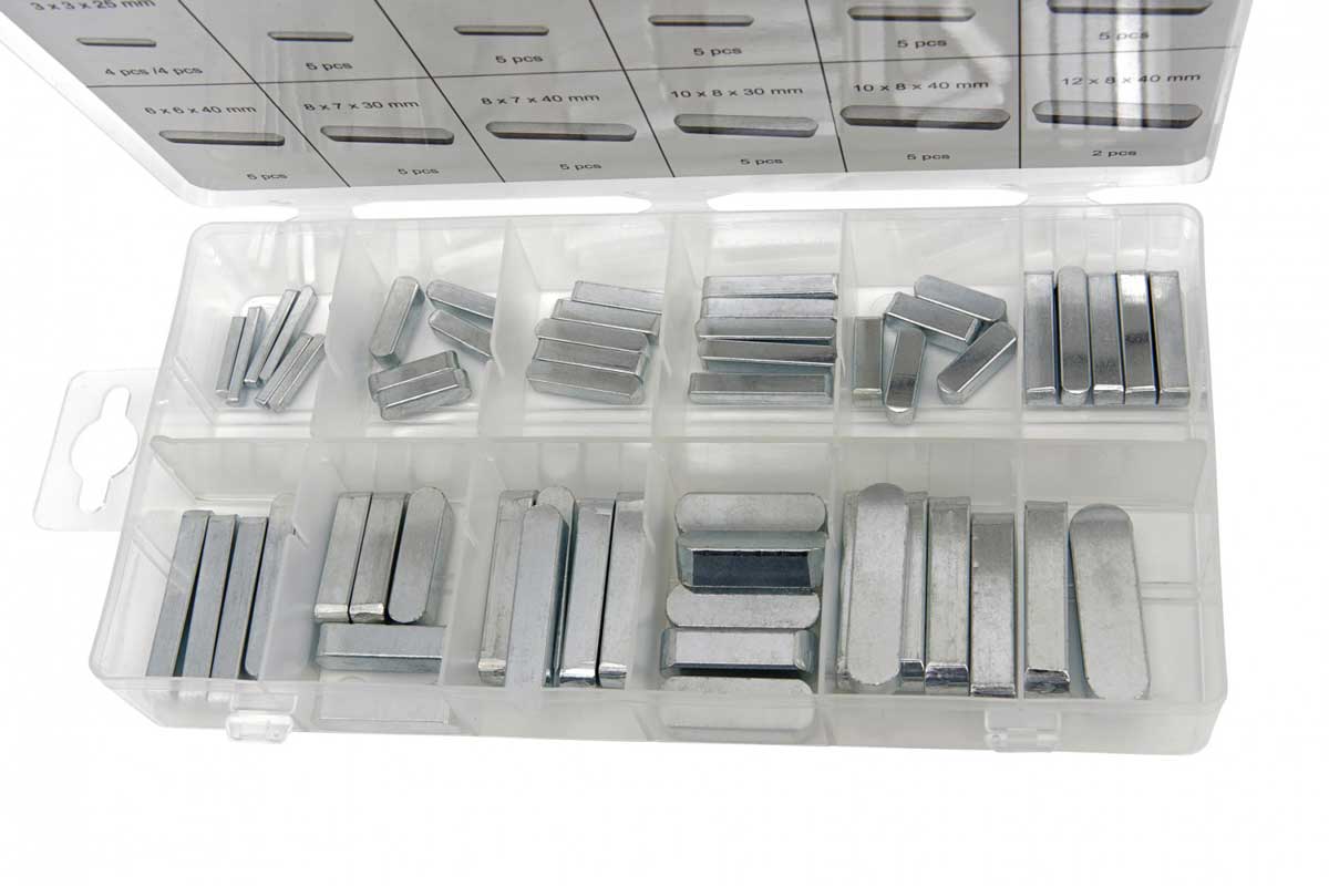Sortiment plochých per pro zajištění řemenic, ozubených kol a pod. na ose, různé velikosti 3 - 12 mm, 60 dílů