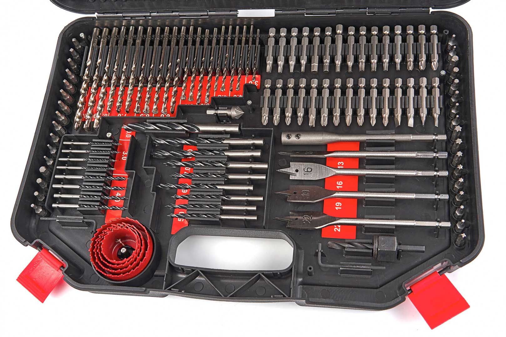 Kompletní sada vrtáků a bitů zahrnující vrtáky do kovu, dřeva, rychlořezné vrtáky a pily na díry, bity atd., sada 246 dílů