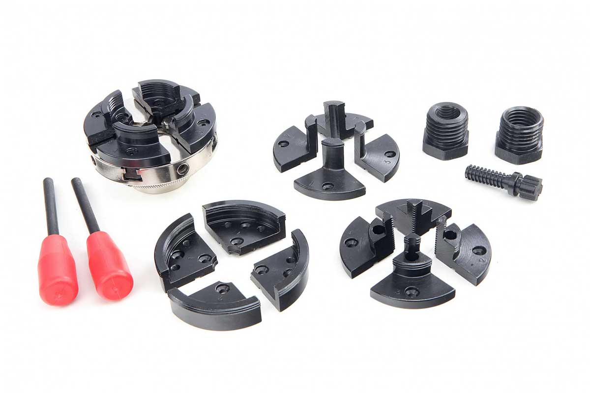 Samocentrovací sklíčidlo CK 4 - 4 N pro soustruh na dřevo, 100 mm, s adaptéry a příslušenstvím