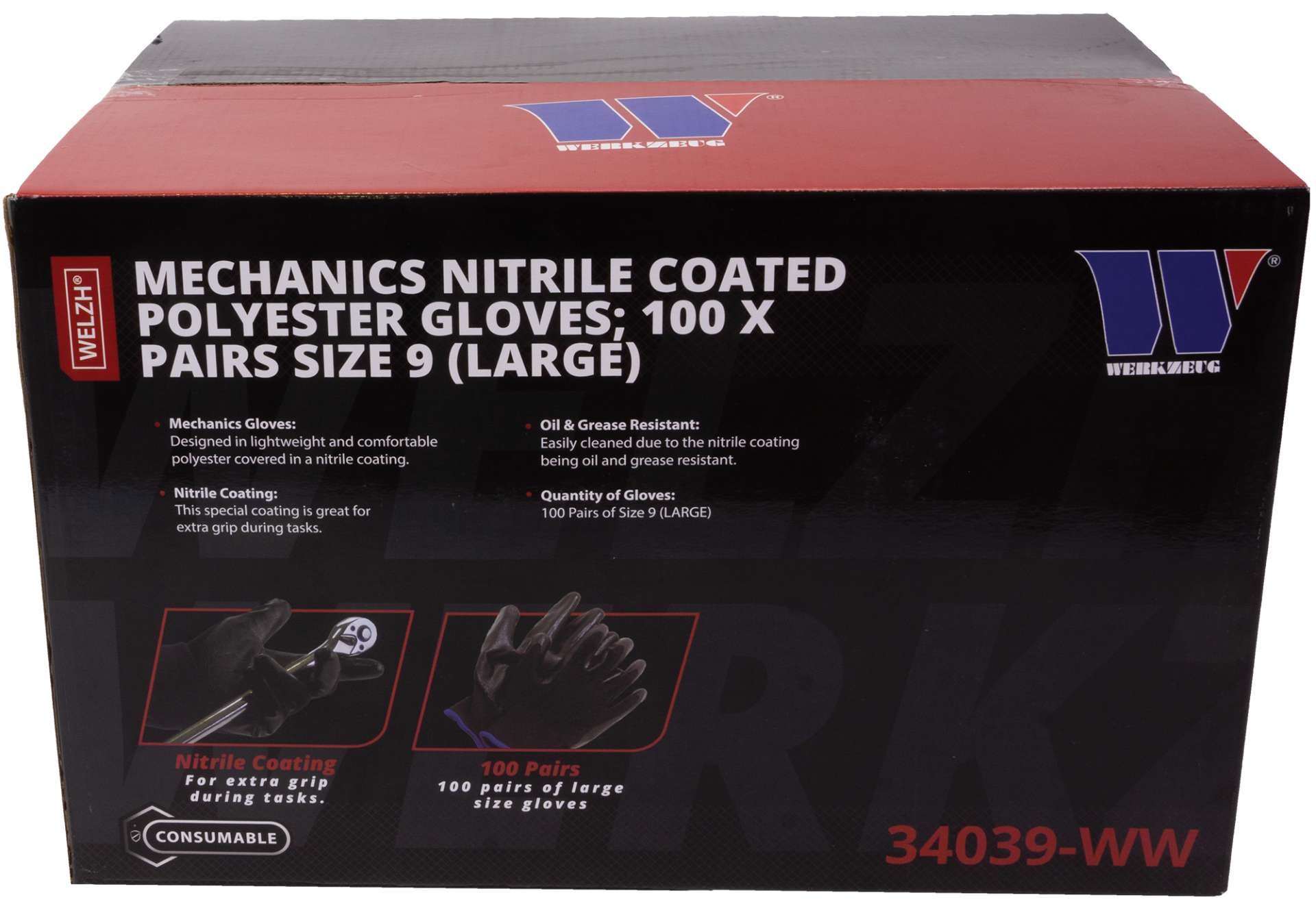 Pracovní rukavice máčené v Nitrilu, vel. 9" / L, 100 párů, Welzh