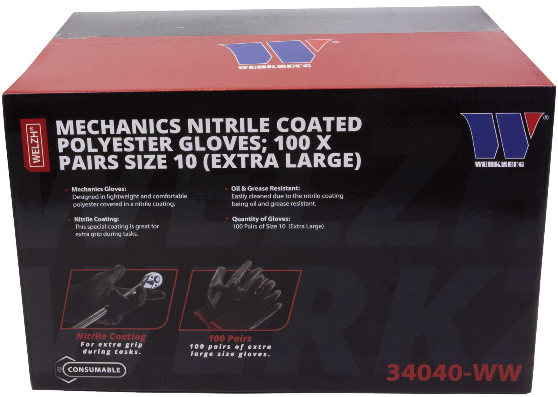 Pracovní rukavice máčené v Nitrilu, vel. 10" / XL, 100 párů, Welzh
