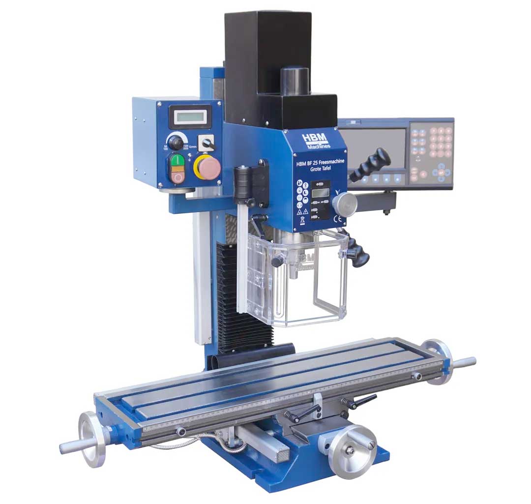 HBM BF 25 - frézka na kov, vario otáčky, velký stůl, 3-osé odměřování s LCD displejem, kužel MK3, 160 kg