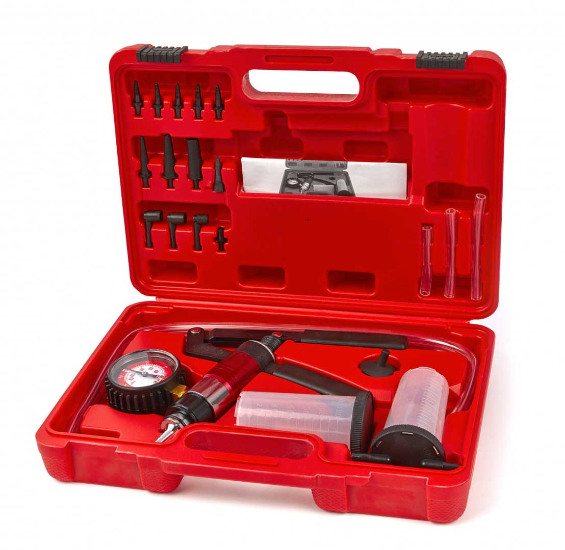 Pumpa tlaková a podtlaková pro odvzdušnění brzd a dalších systémů, rozsah -1 až + 3 bar, sada 21 dílů