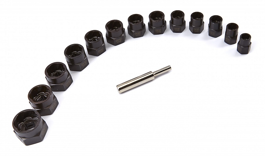 Odstraňovač, povolovač poškozených, stržených matic a šroubů 10-27 mm, sada 14 dílů