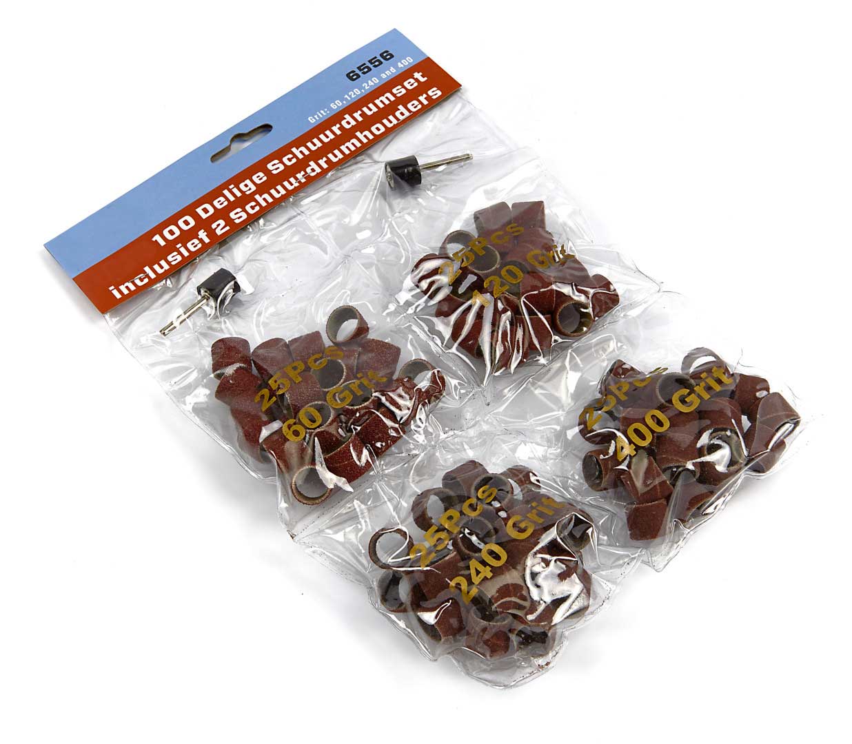 100 dílná sada brusných smirkových kotoučků a 2 držáků kotoučků se stopkou 3 mm