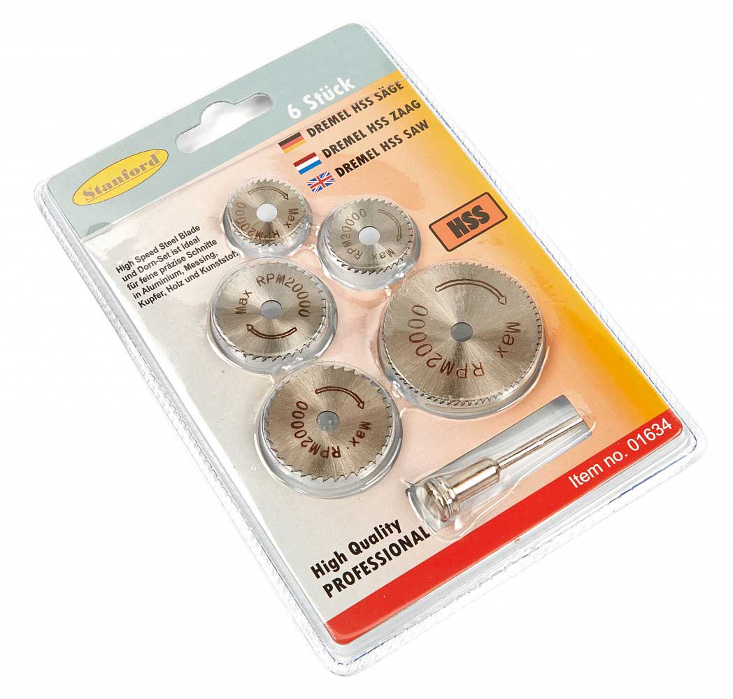 6 dílná sada HSS pilových kotoučků pro řezání a broušení - až 20.000 ot/min, upínací dřík 3 mm