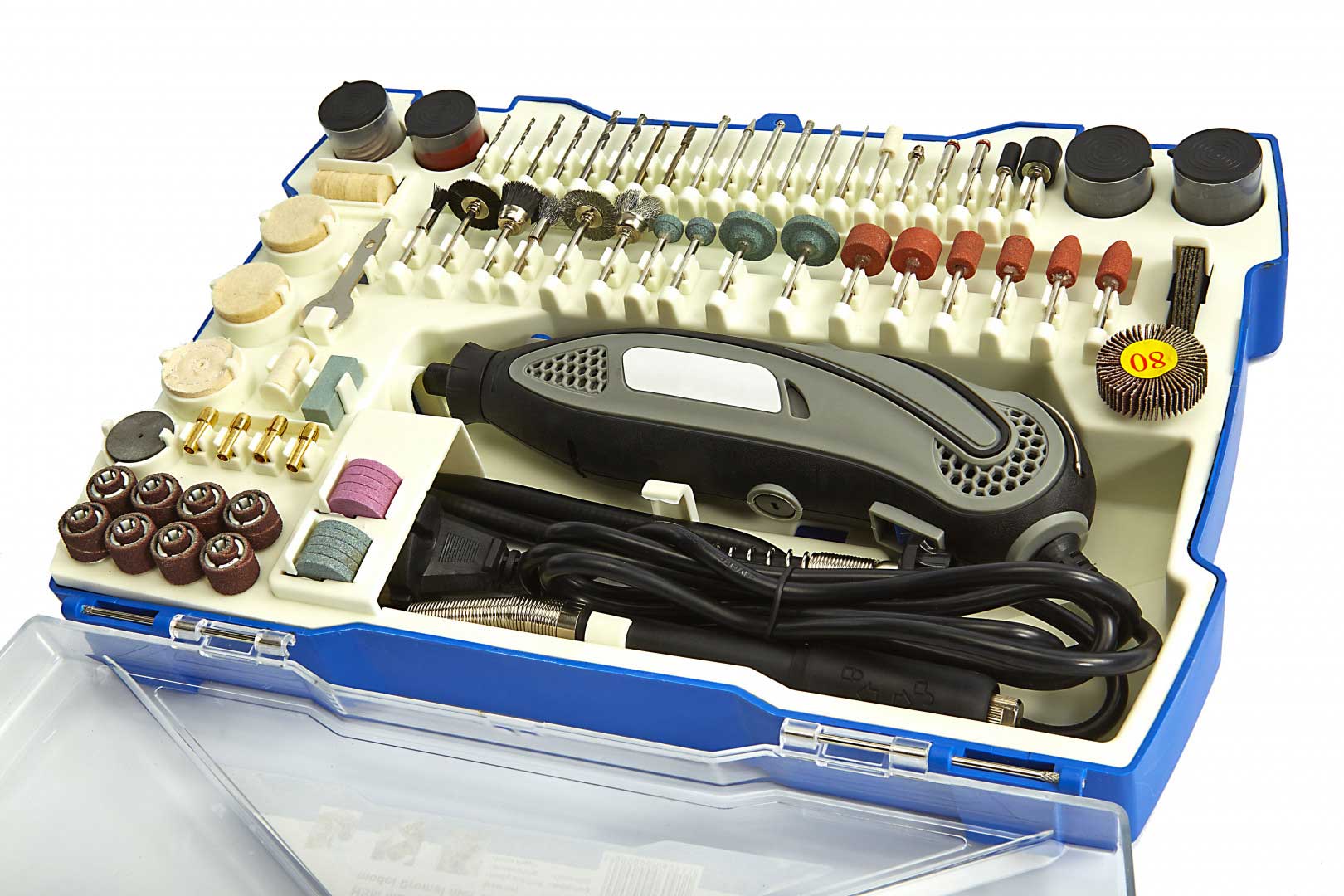 Malá ruční bruska - multinástroj pro gravírování a jemné práce, vario otáčky 10 - 32 tis ot/min, sada příslušenství, flexibilní hadice, 190 dílů