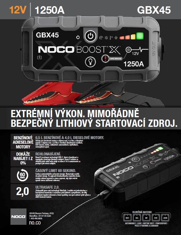 Startovací zdroj, booster 12V, 1250A, Lithium-Iontová baterie 31 Wh, pro benzínové motory do objemu 6,5 l a dieslové motory do 4 l Boost GBX45 NOCO