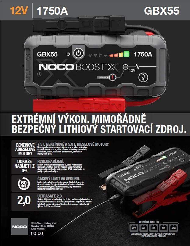 Startovací zdroj, booster 12V, 1750A, Lithium-Iontová baterie 46 Wh, pro benzínové motory do objemu 7,5 l a dieslové motory do 5 l Boost GBX55 NOCO