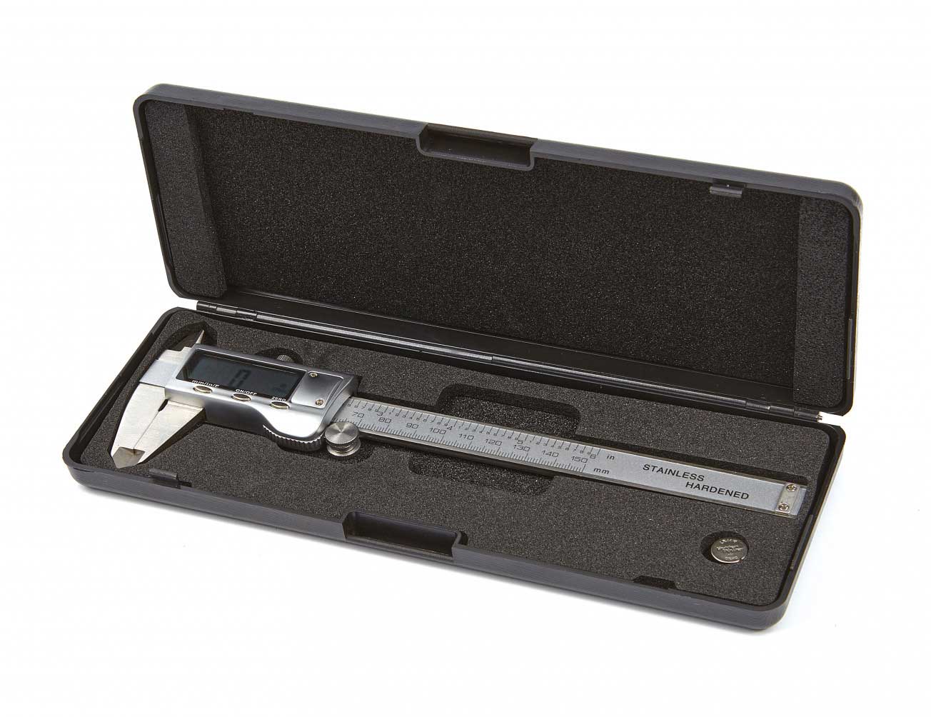 Měřítko posuvné digitální 100 mm, mm/inch, posuvné kolečko pro nastavení palcem, kovové tělo, zobrazení i pro palcové zlomky