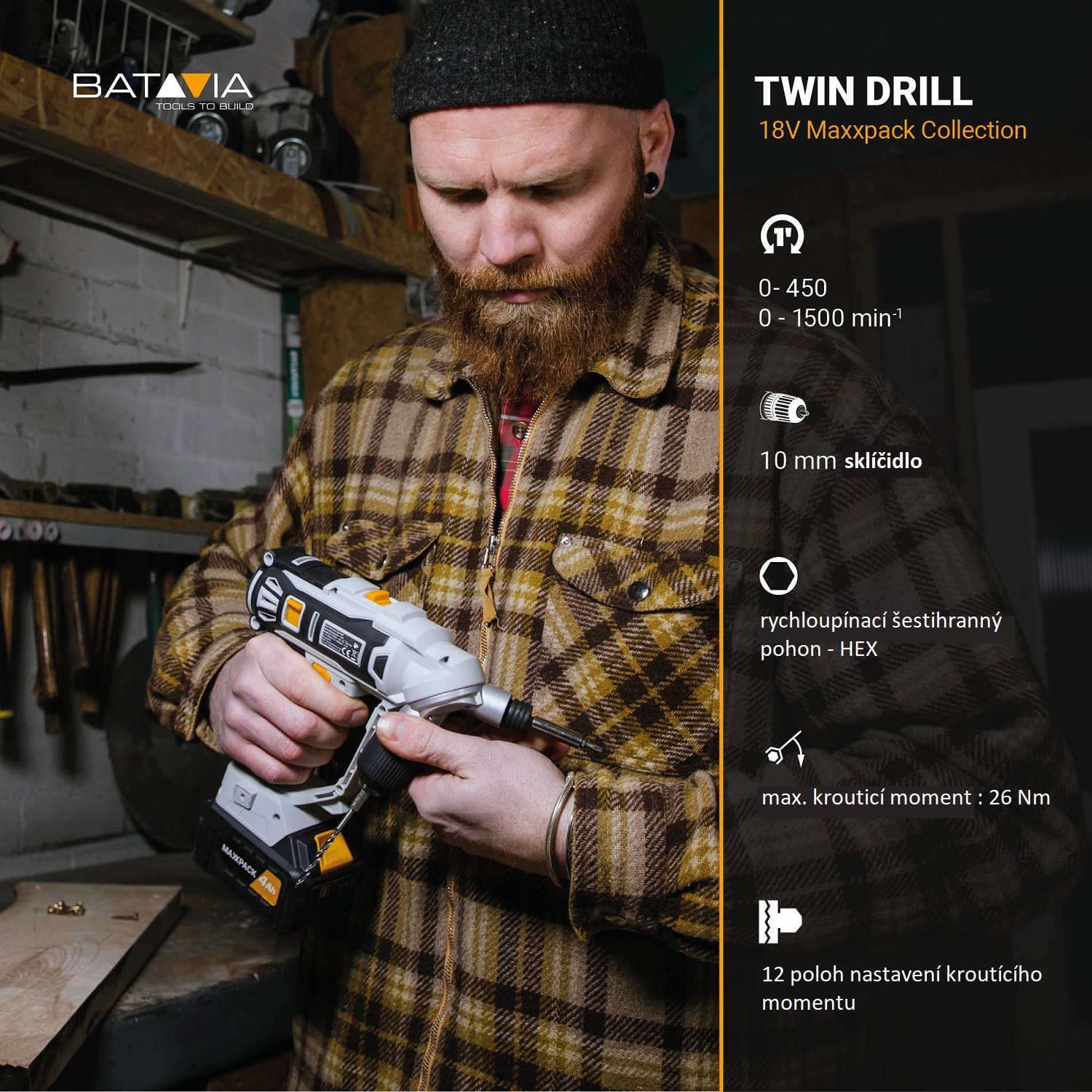 Aku vrtačka a aku šroubovák v jednom TWIN DRILL, 18V Li-Ion, bez baterie a nabíječky, bateriová platforma MAXXPACK BATAVIA