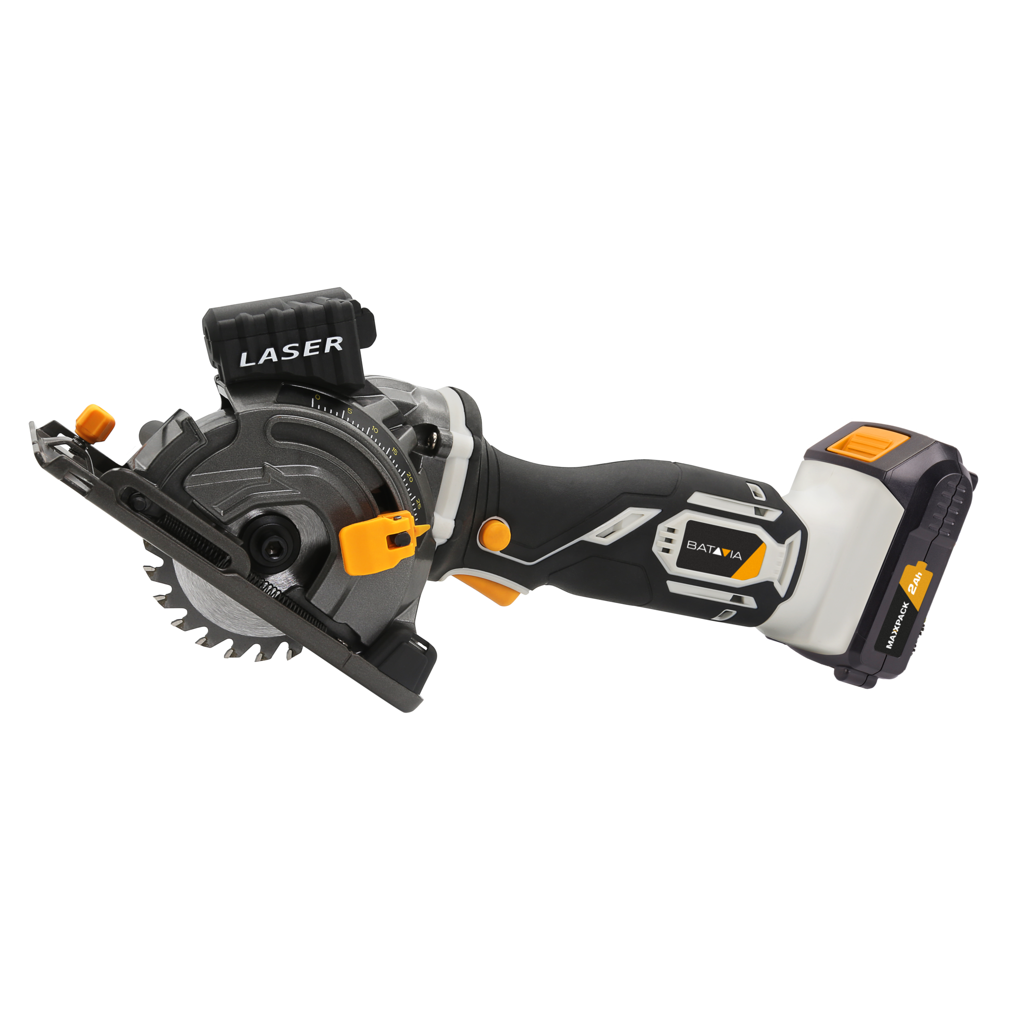 Aku bezdrátová, jednoruční, mini kotoučová ponorná pila s laserem, 18V Li-Ion, bez baterie a nabíječky, bateriová platforma MAXXPACK BATAVIA