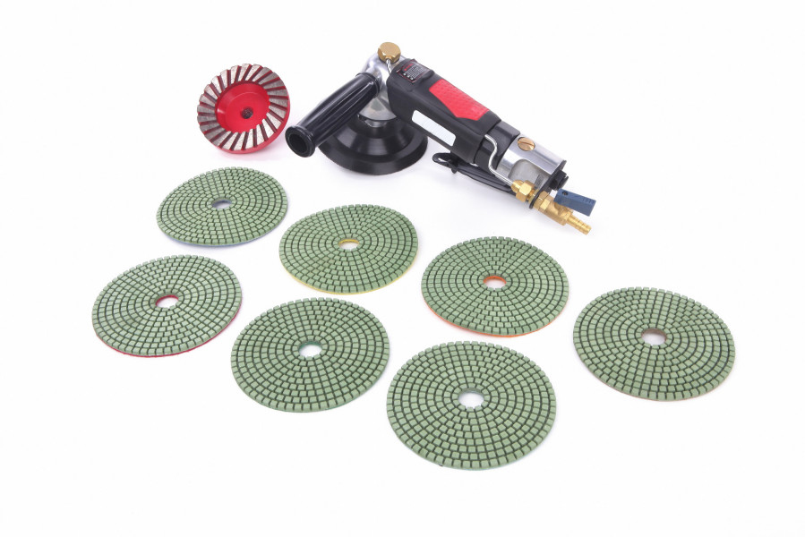 Ruční pneumatická bruska a leštička pro práci za mokra, 125 mm, včetně brusných a leštících kotoučů