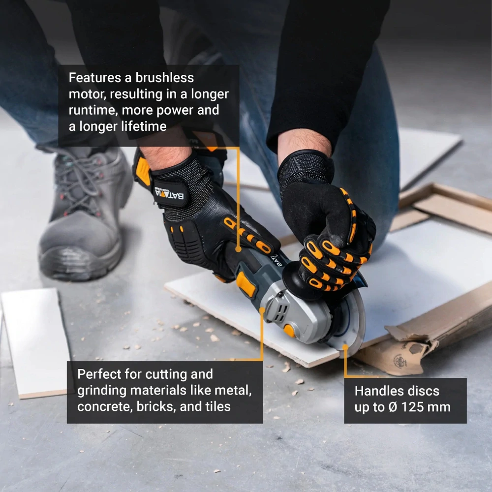 Aku bezdrátová, bezuhlíková, úhlová, kotoučová bruska, 125 mm, 3000 až 9000 ot./min., 18V li-lon, bez baterie a nabíječky, bateriová platforma MAXXPACK BATAVIA