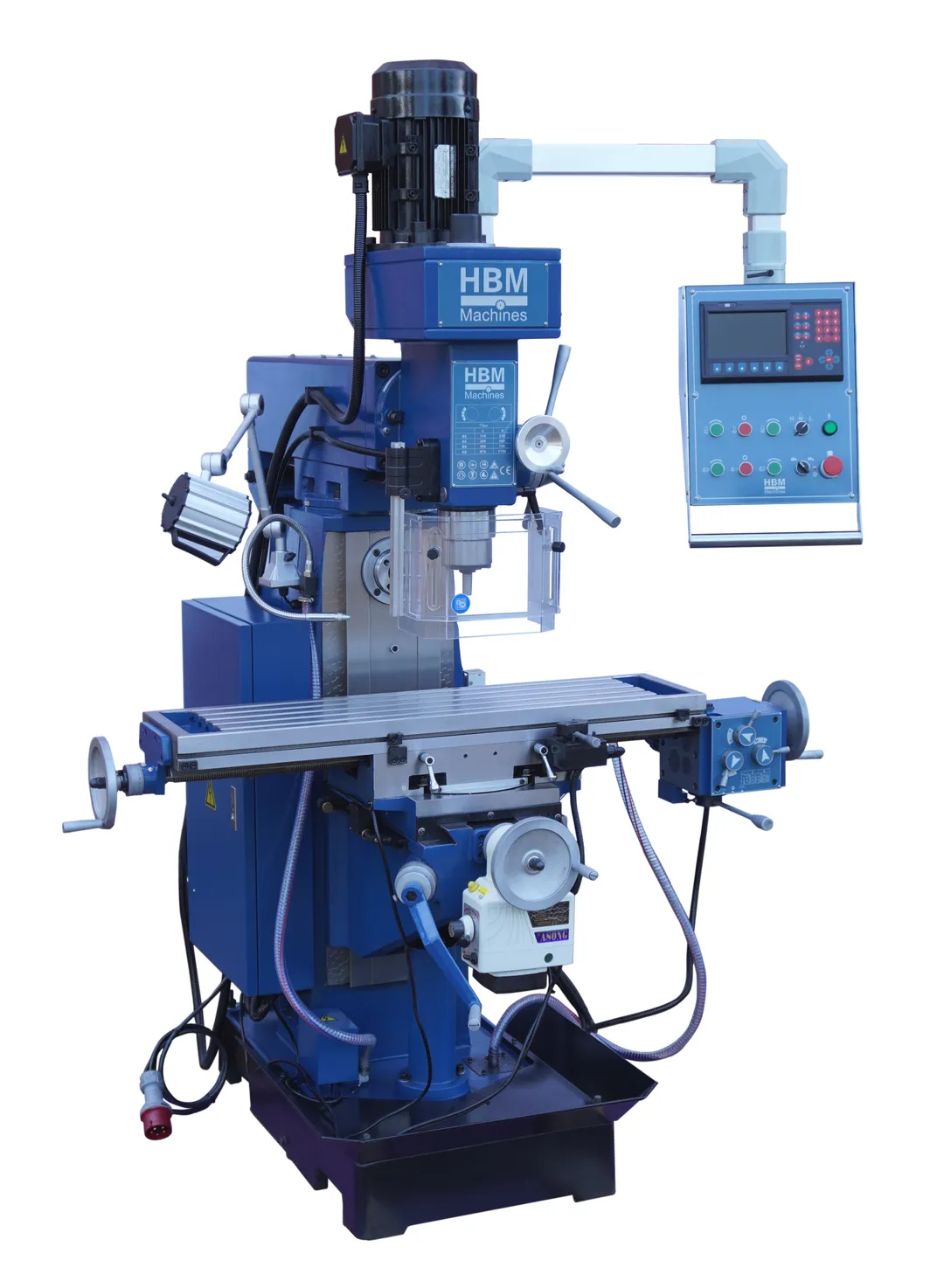 HBM 60 DRO, robustní konzolová vertikální-horizontální frézka na kov, ISO 40, 3-osy DRO s LCD displejem, chlazení, strojní posuv X a Y, 400V-3f