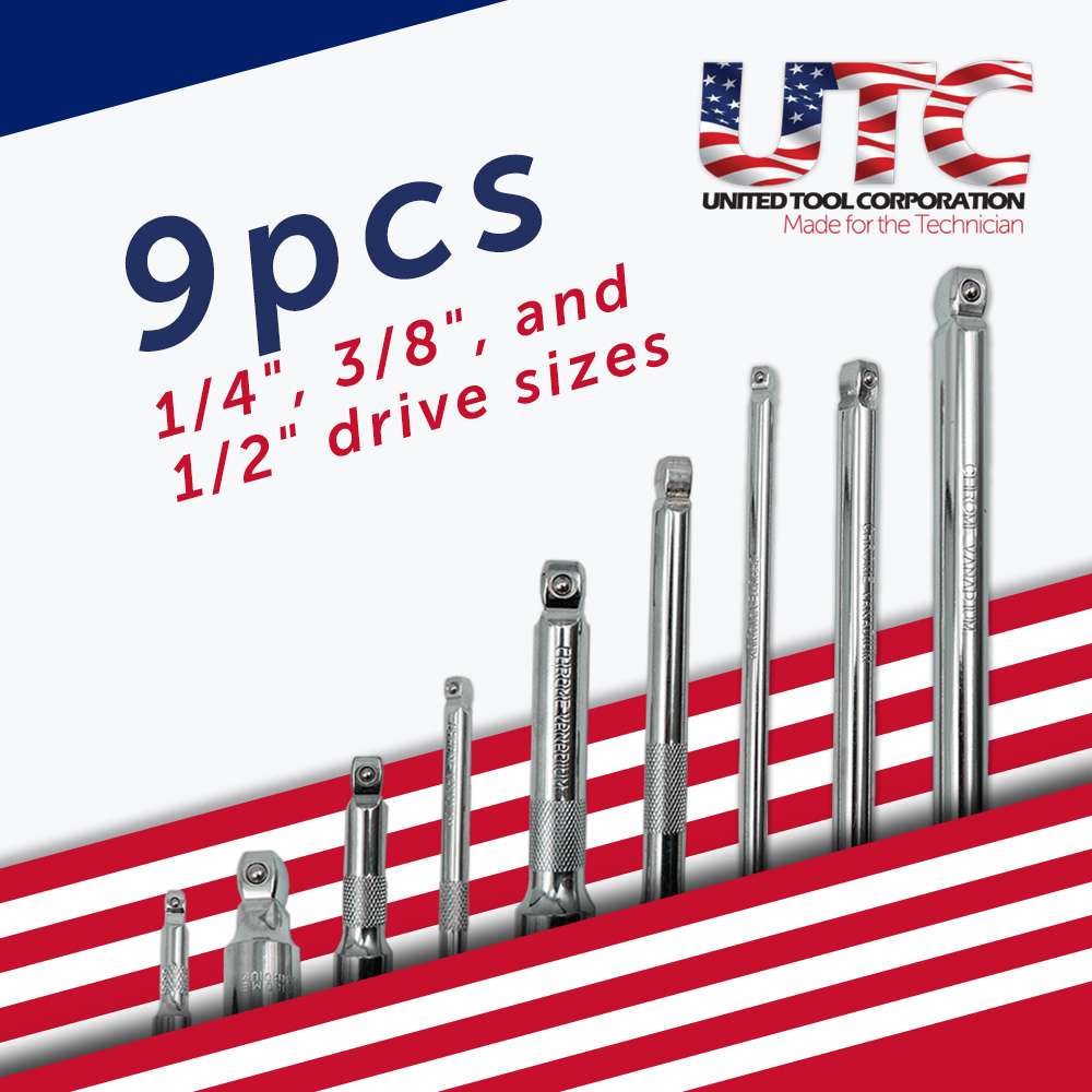 Gola prodloužení 1/4", 3/8" a 1/2", sada 9 kusů 8 - 450 mm, Welzh