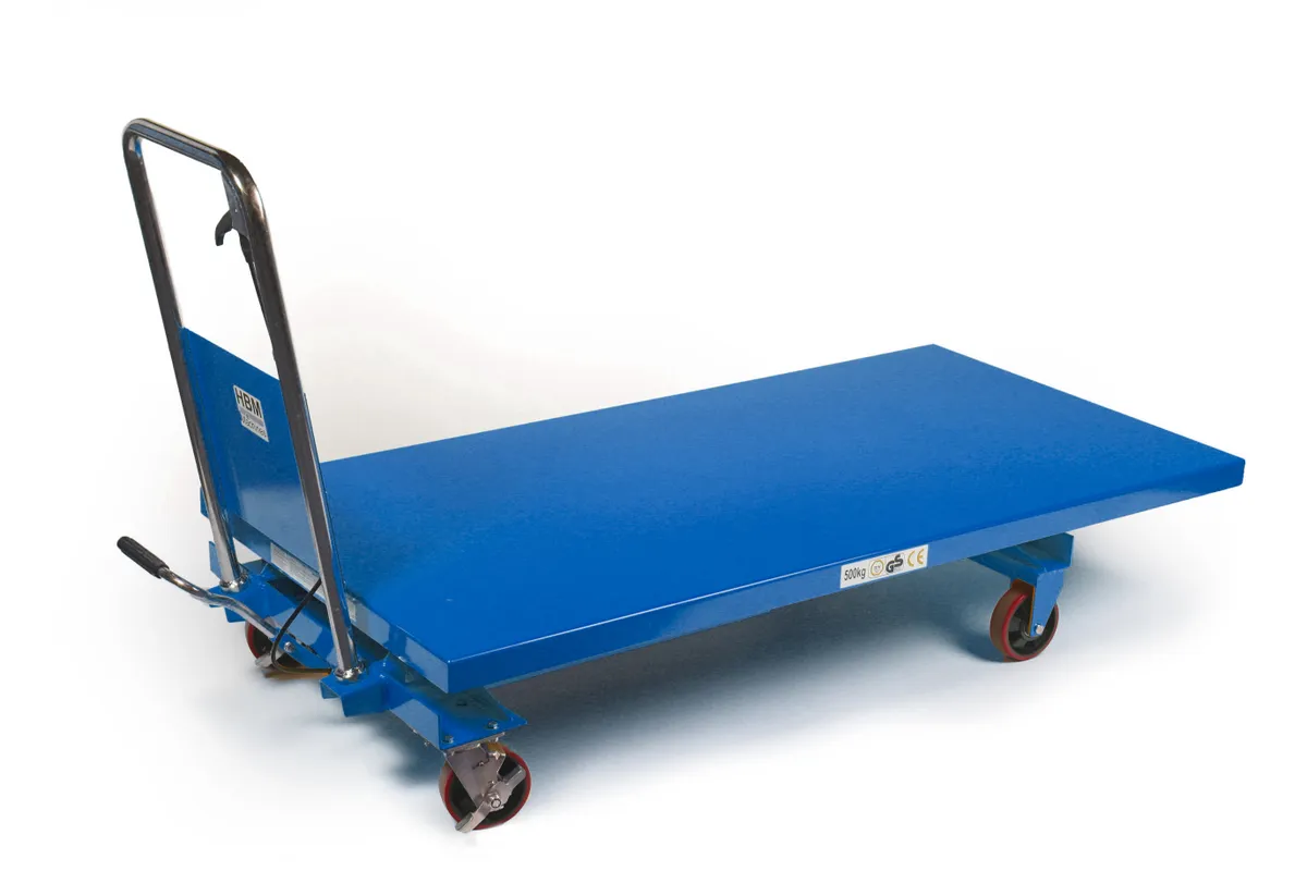 Manipulační vozík s hydraulickým širokým stolem, nosnost až 500 kg, hmotnost 136 kg