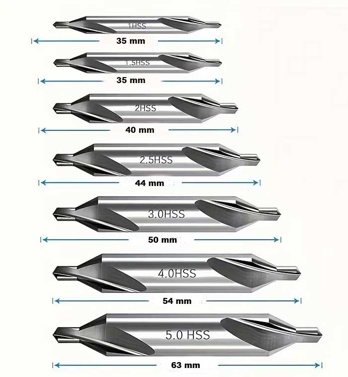 Středící vrtáky (navrtáváky) pro soustruh, HSS, 60° úhel, 1 - 5 mm, sada 7 dílů