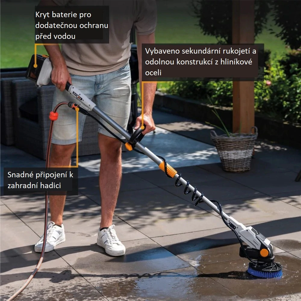 AKU rotační čistící kartáč TWIN BRUSH na všechny druhy povrchů, teleskopický 1,35 - 1,8 m, kartáč na čištění solárních panelů a bazénů, 18V Li-Ion, bez nabíječky a baterie, bateriová platforma MAXXPACK BATAVIA