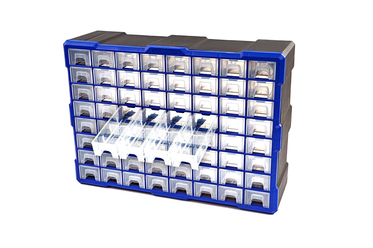Plastový úložný box s 64 zásuvkami 52 x 37 x 16 cm