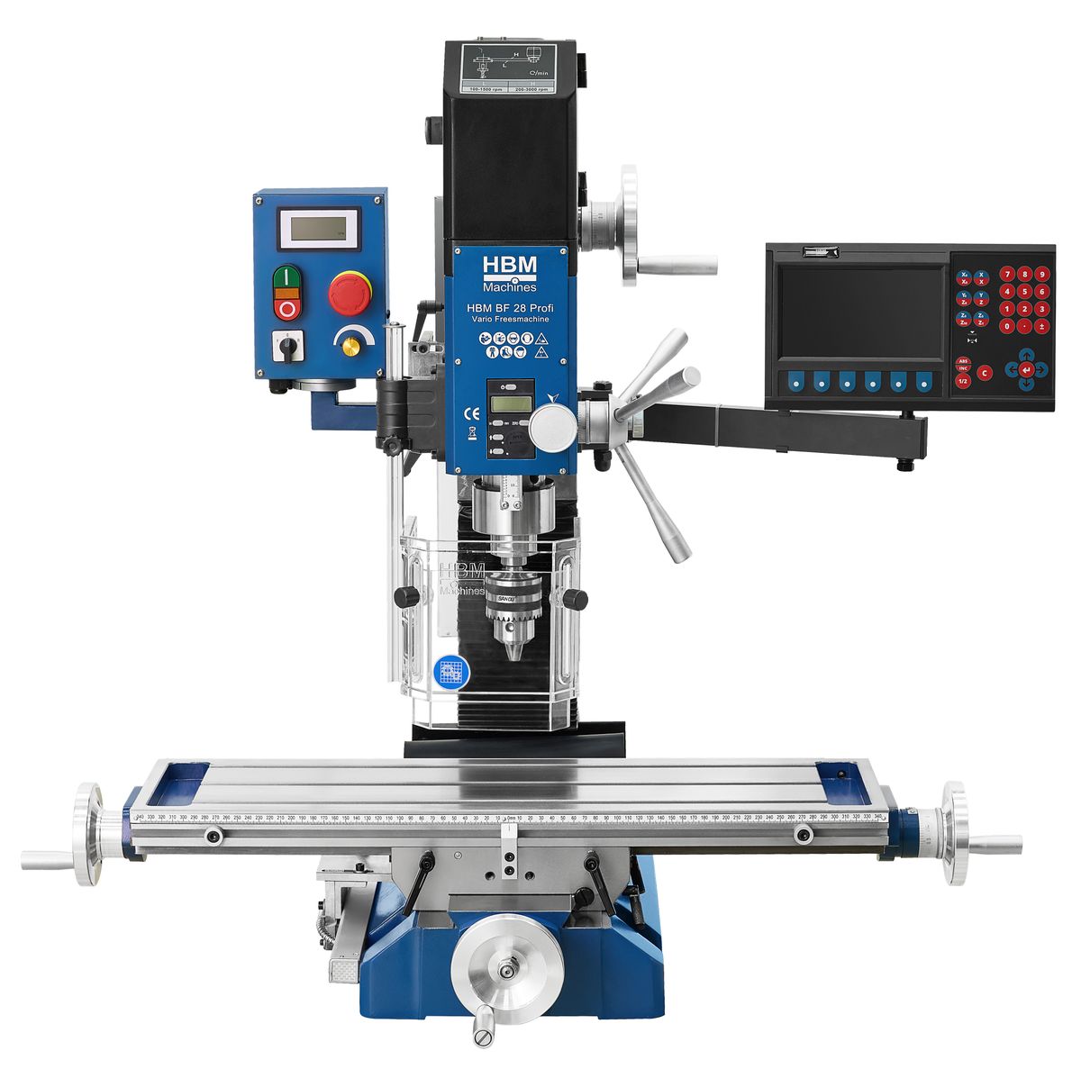 HBM BF 28 s DRO - frézka na kov, vario otáčky, 3-osé odměřování s LCD displejem, kužel MK3, 130 kg