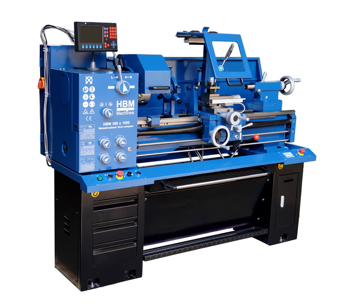 HBM 360 x 1000 DRO vario, profesionální hrotový soustruh na kov, vrtání osy vřetene 51 mm, variabilní otáčky, 3-osé digitální odměřování s LCD, plně vybavený, motor 2.2 kW, 400 V, 650 kg