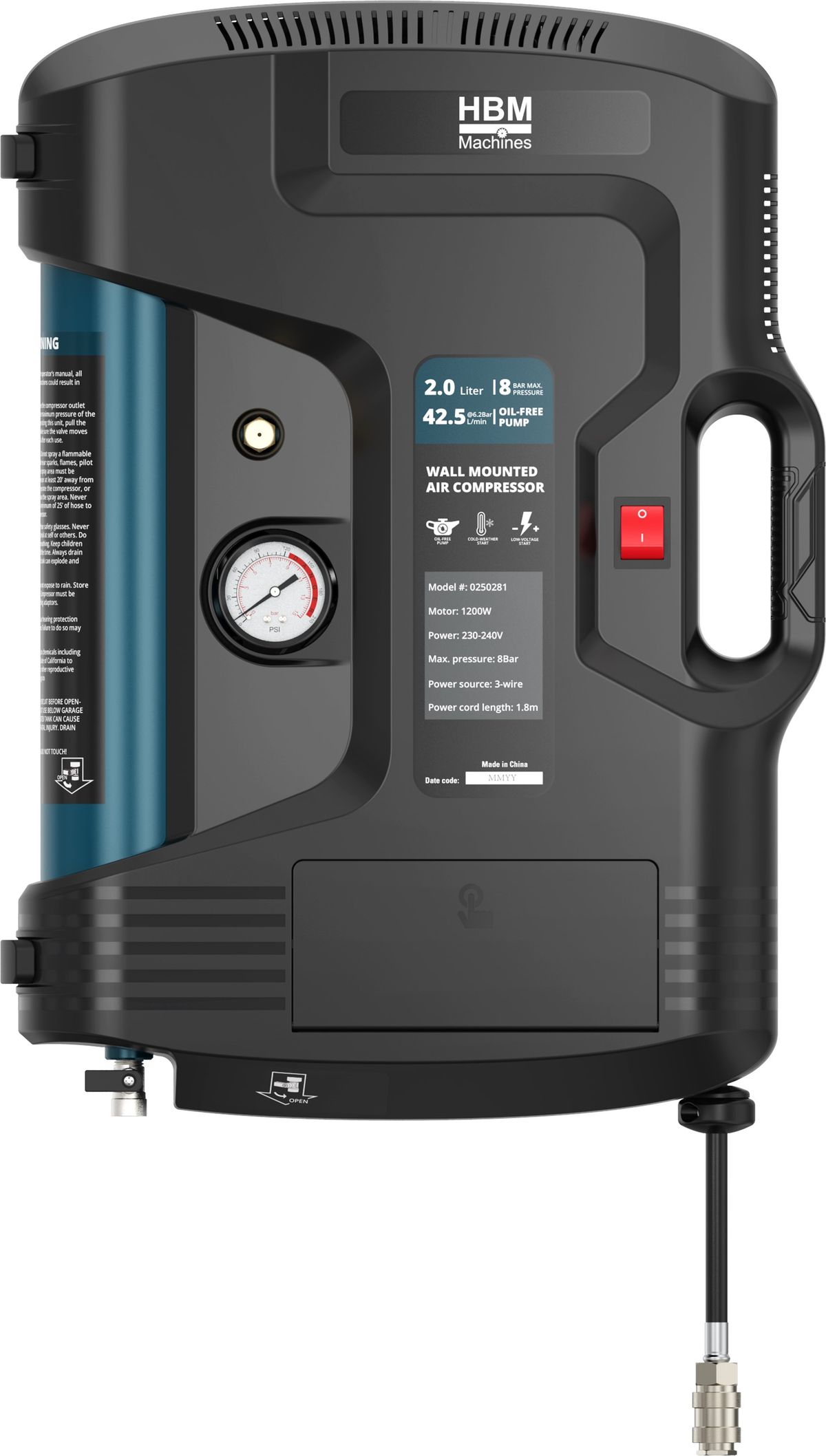 Nástěný a přenosný kompresor, 1,5HP, 2l, HBM