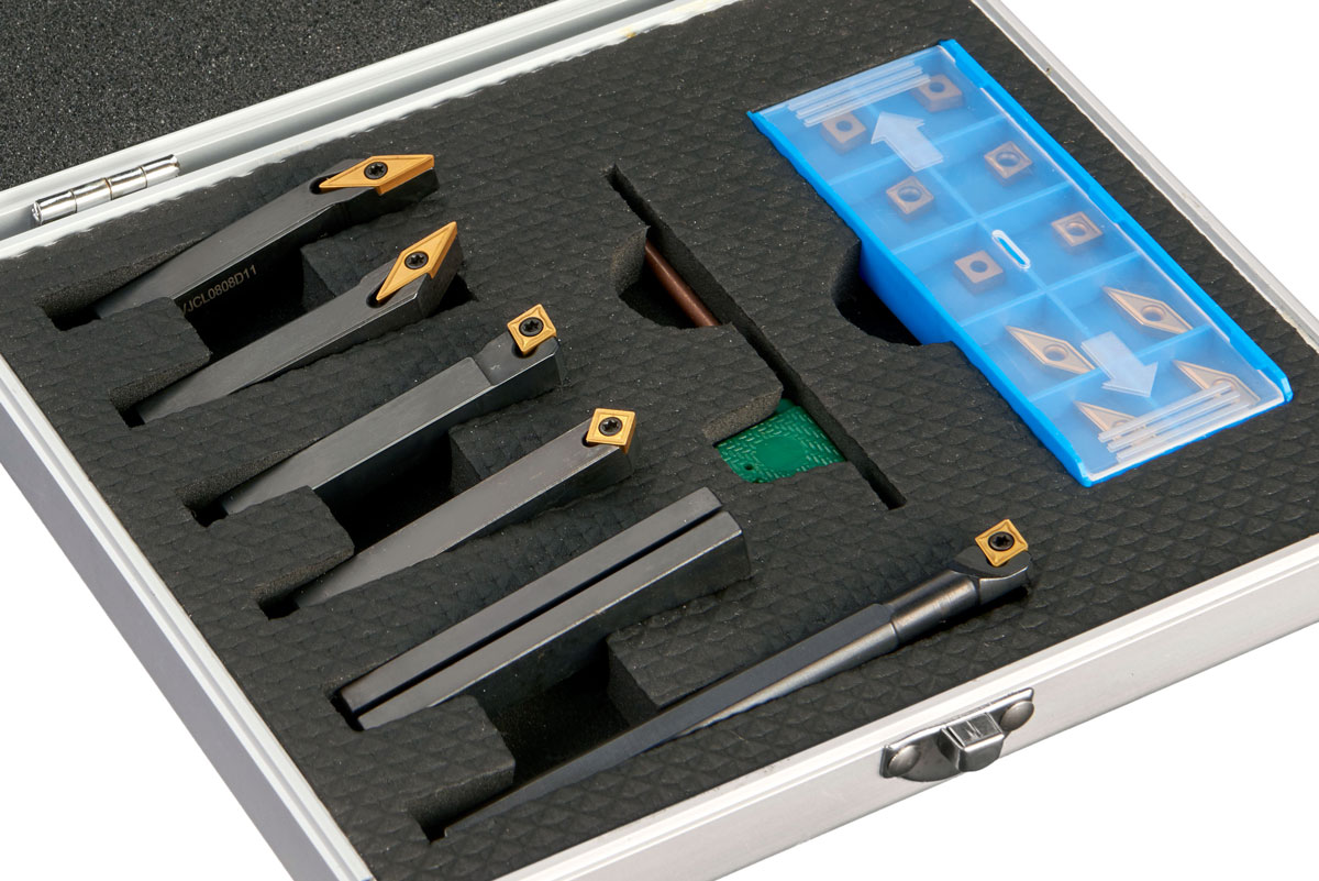 Soustružnické nože 8 mm s výměnnými plátky - sada 4 díly + vyvrtávací tyč + náhradní plátky, Warco