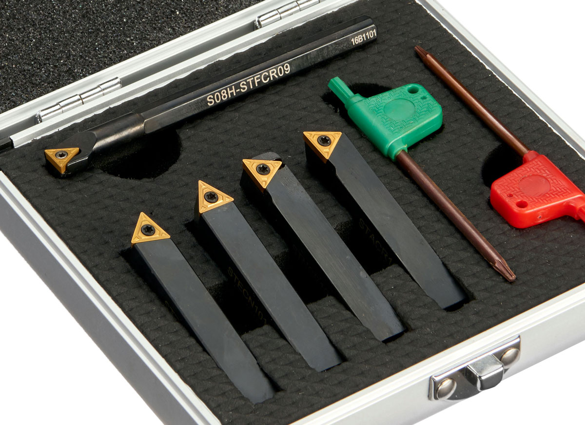 Soustružnické nože 10 mm s výměnnými plátky - sada 4 nožů a vyvrtávací tyč, Warco