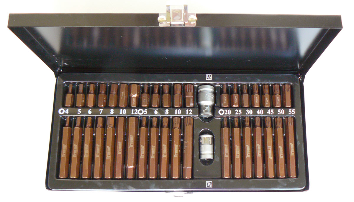Kombi sada bity 10mm, Inbus, Torx, XZN, adaptér 3/8", 1/2", 40ks, ocel S2, Triumf