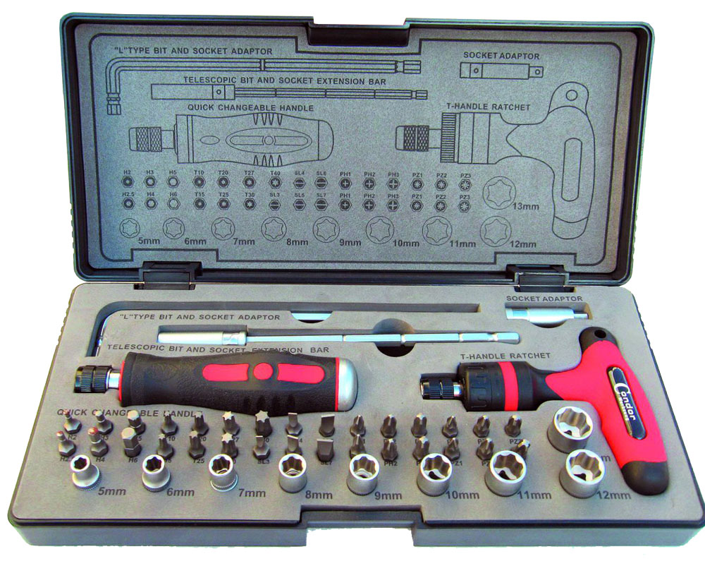 Bity, hlavice nástrčné, šroubovací rukojeti pro bity 1/4", profi, 44 dílů, Trium