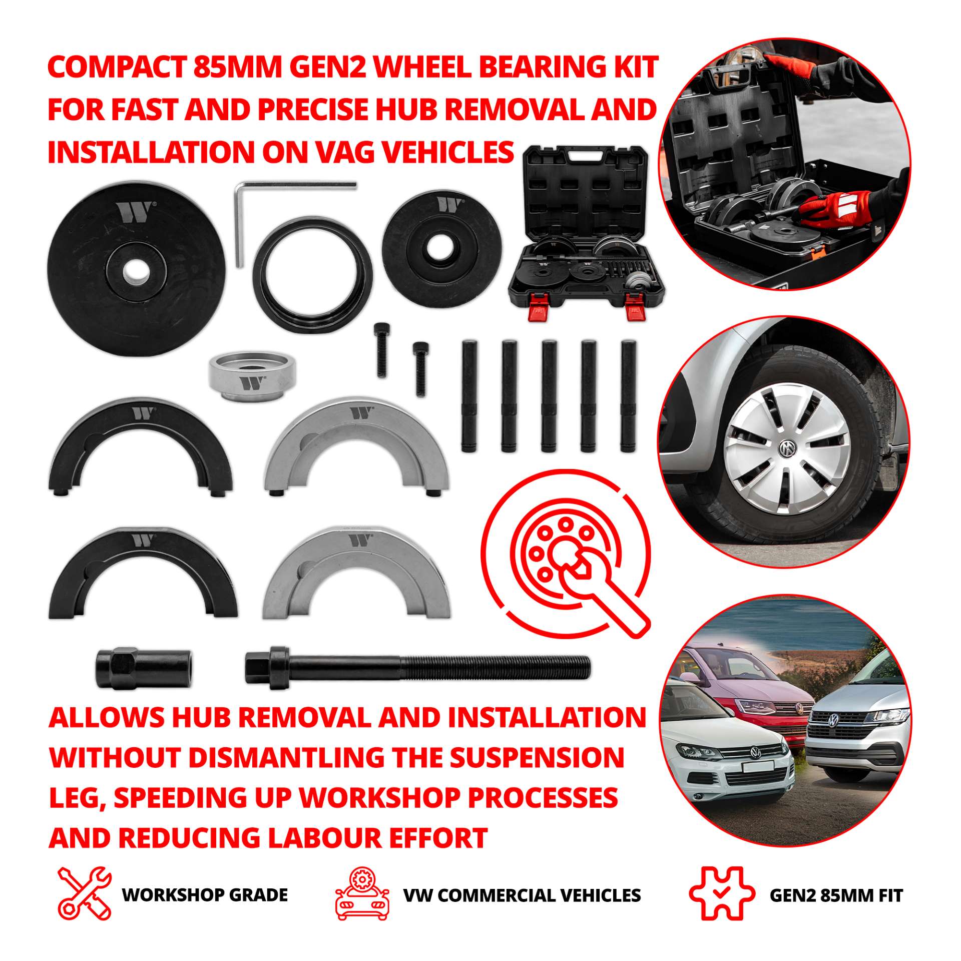 Sada přípravků na výměnu ložisek kol 85 mm - VAG, Multivan, T5, Touareg, Welzh
