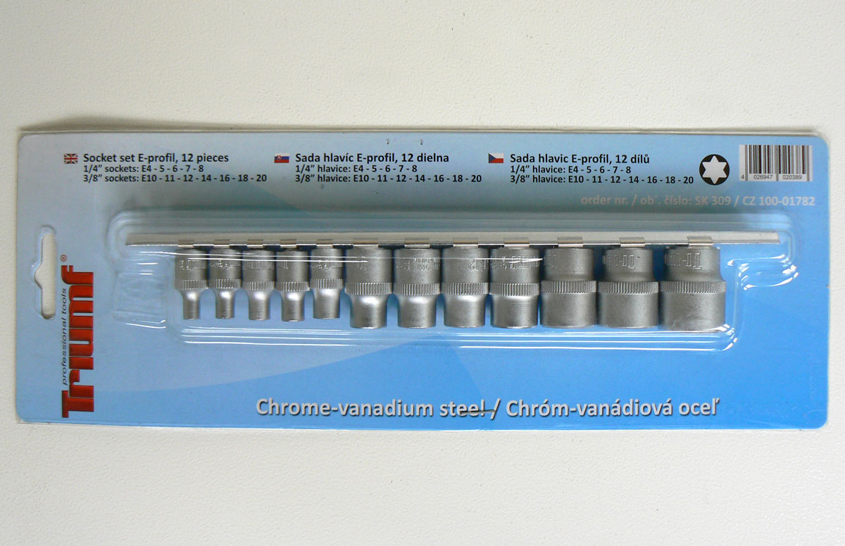 Hlavice nástrčné 1/4" - 3/8", E-profil  E4 - E20, sada 12 dílů, Triumf