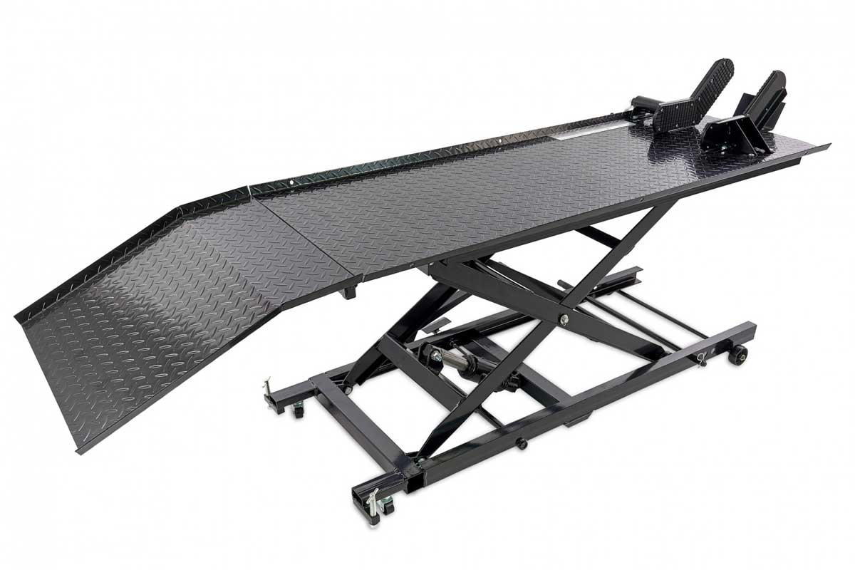 Hydraulický motocyklový zvedák 200, zvednutí až 450 kg, hmotnost 130 kg, černý
