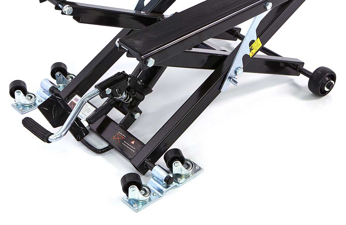 Univerzální hydraulický motocyklový zvedák pro Harley Davidson, custom a cruiser, zvednutí až 500 kg, hmotnost 25 kg