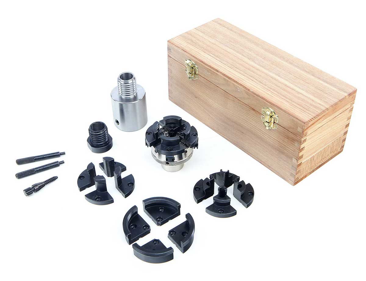 Samocentrovací sklíčidlo CK2-4S pro soustruh na dřevo, 50 mm, s adaptéry a příslušenstvím