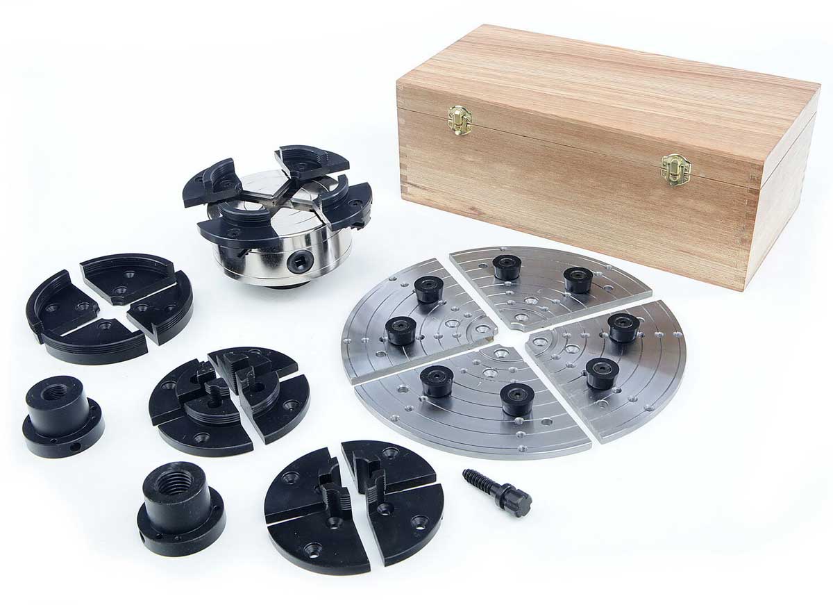 Samocentrovací sklíčidlo CK 6-4 H pro soustruh na dřevo, 150 mm, s adaptéry a příslušenstvím