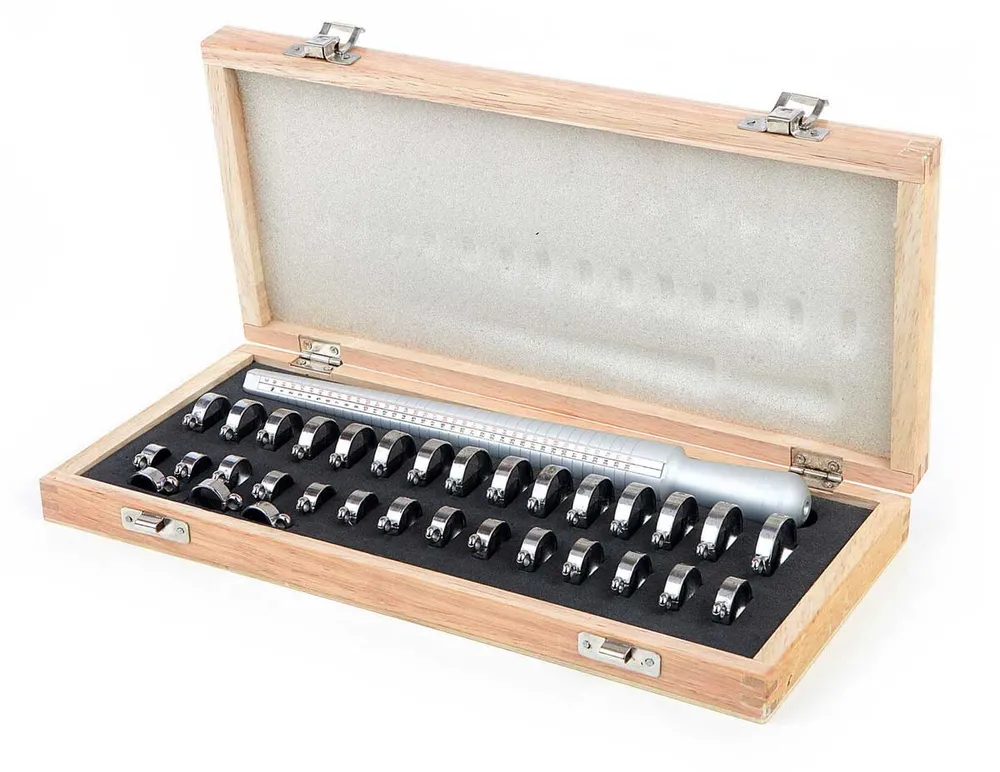 Hliníkový měřící trn na prstýnky nebo O-kroužky a sada kroužků 13 - 25 mm