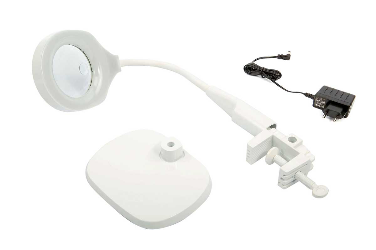 Pracovní LED světlo 125 mm, s lupou, podstavcem a upínací svorkou