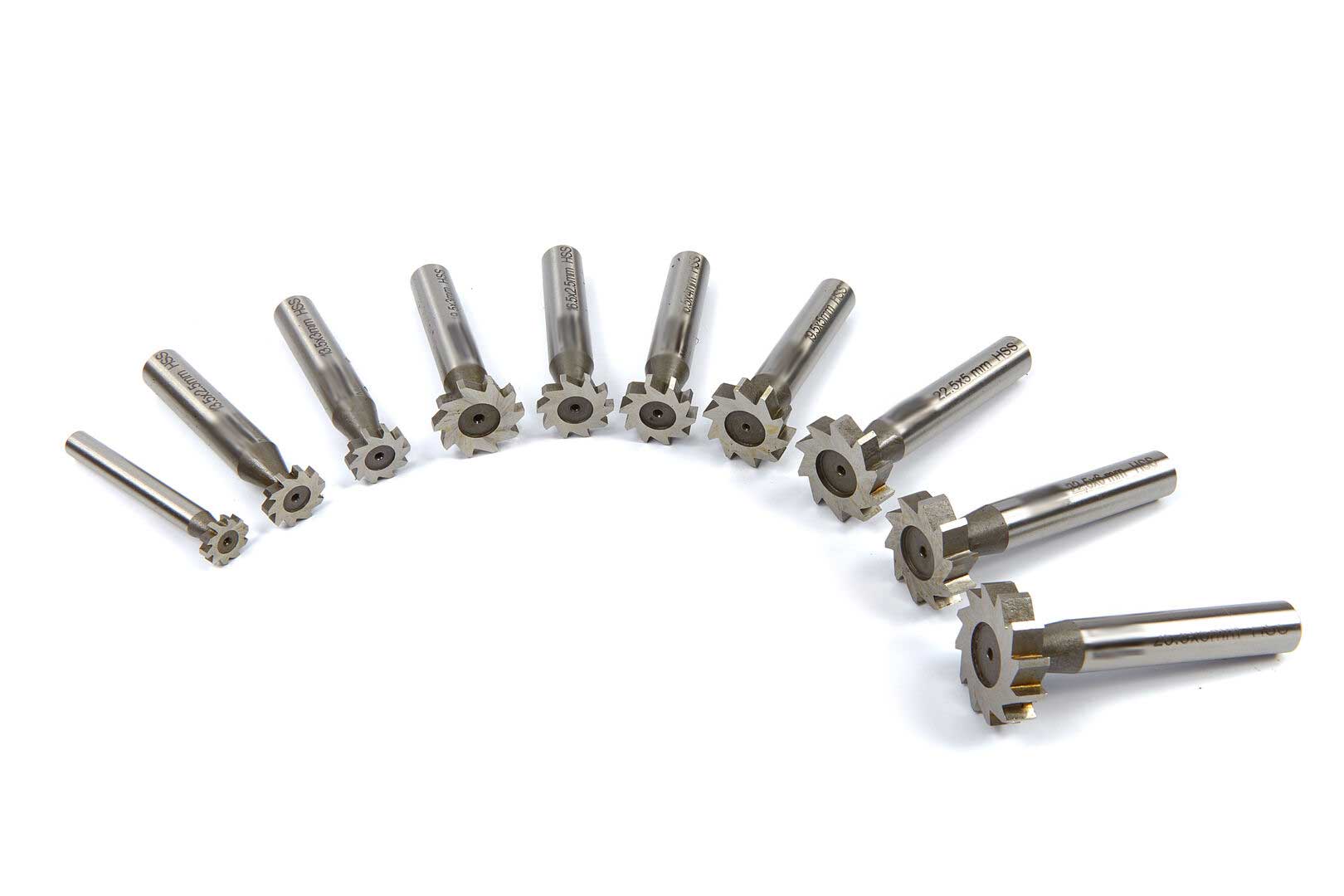HSS frézy pro T-drážky, 10.5 - 22.5 mm, sada 10 ks